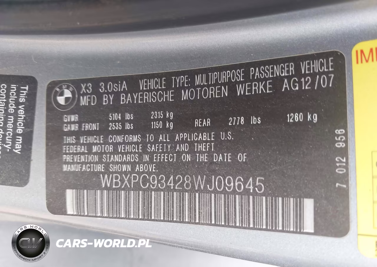 2008 BMW X3 3.0Si VIN:WBXPC93428WJ09645 - 9