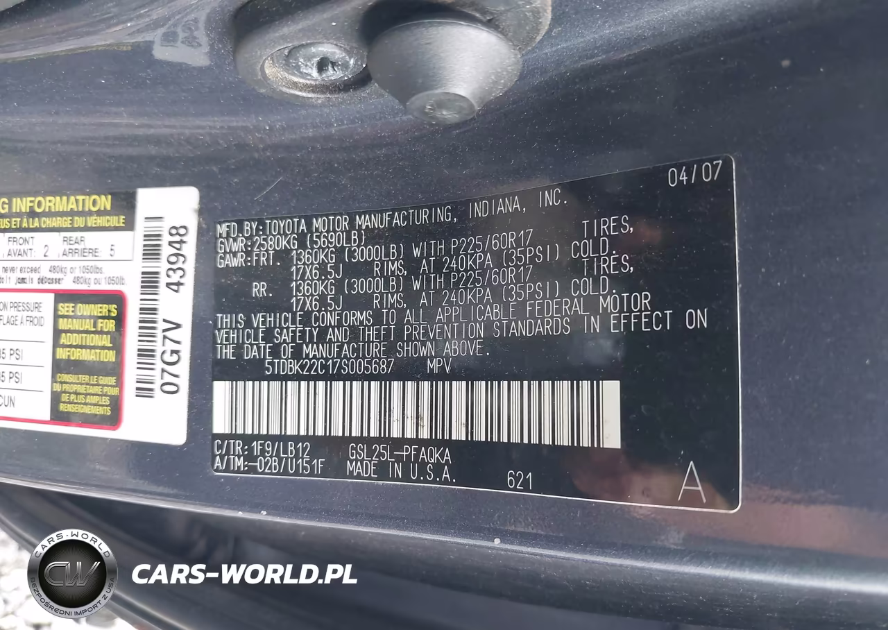 2007 Toyota Sienna Xle Limited VIN:5TDBK22C17S005687 - 9