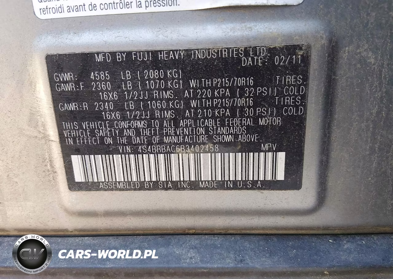 2011 Subaru Outback 2.5I VIN:4S4BRBAC6B3402458 - 9