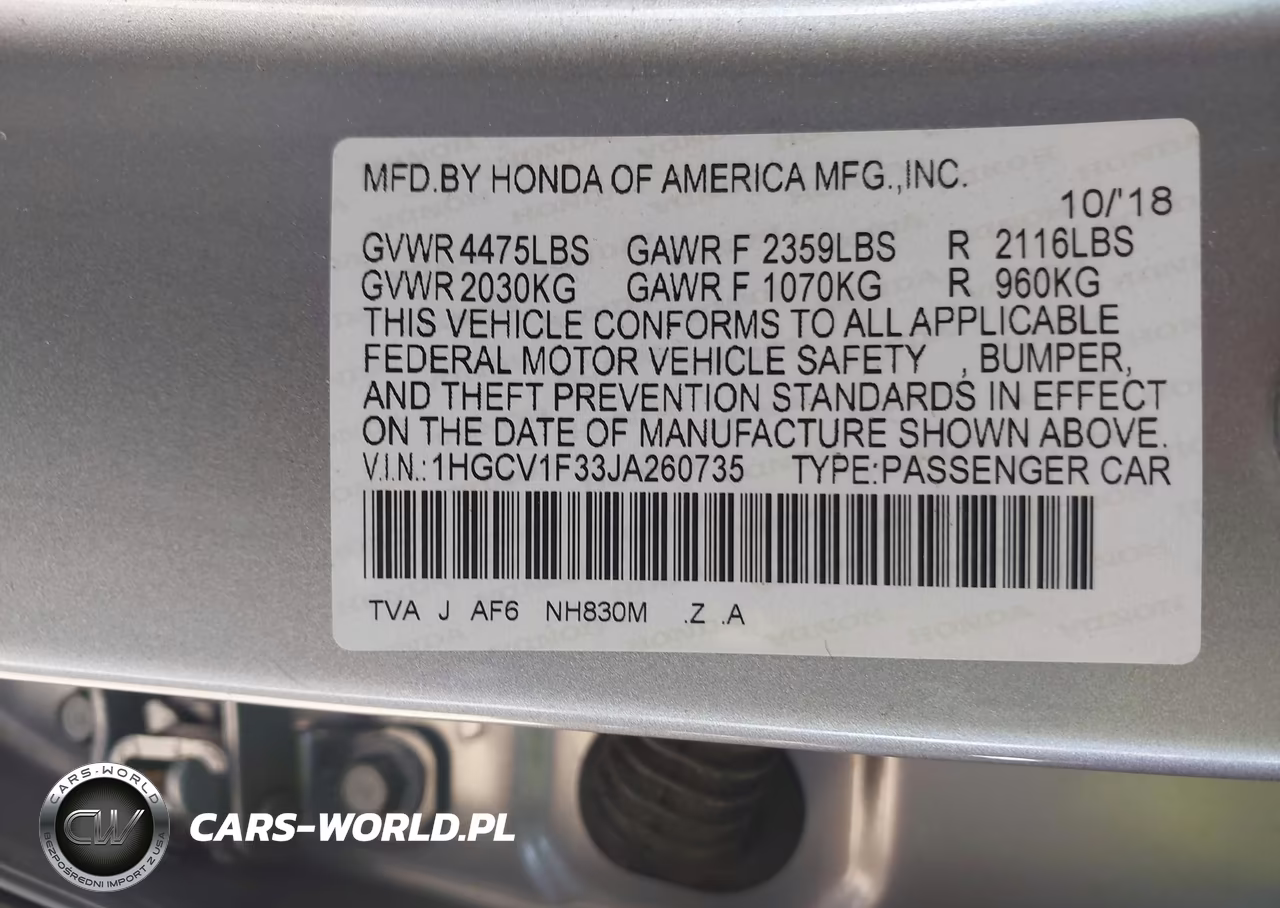 2018 Honda Accord Sport VIN:1HGCV1F33JA260735 - 9