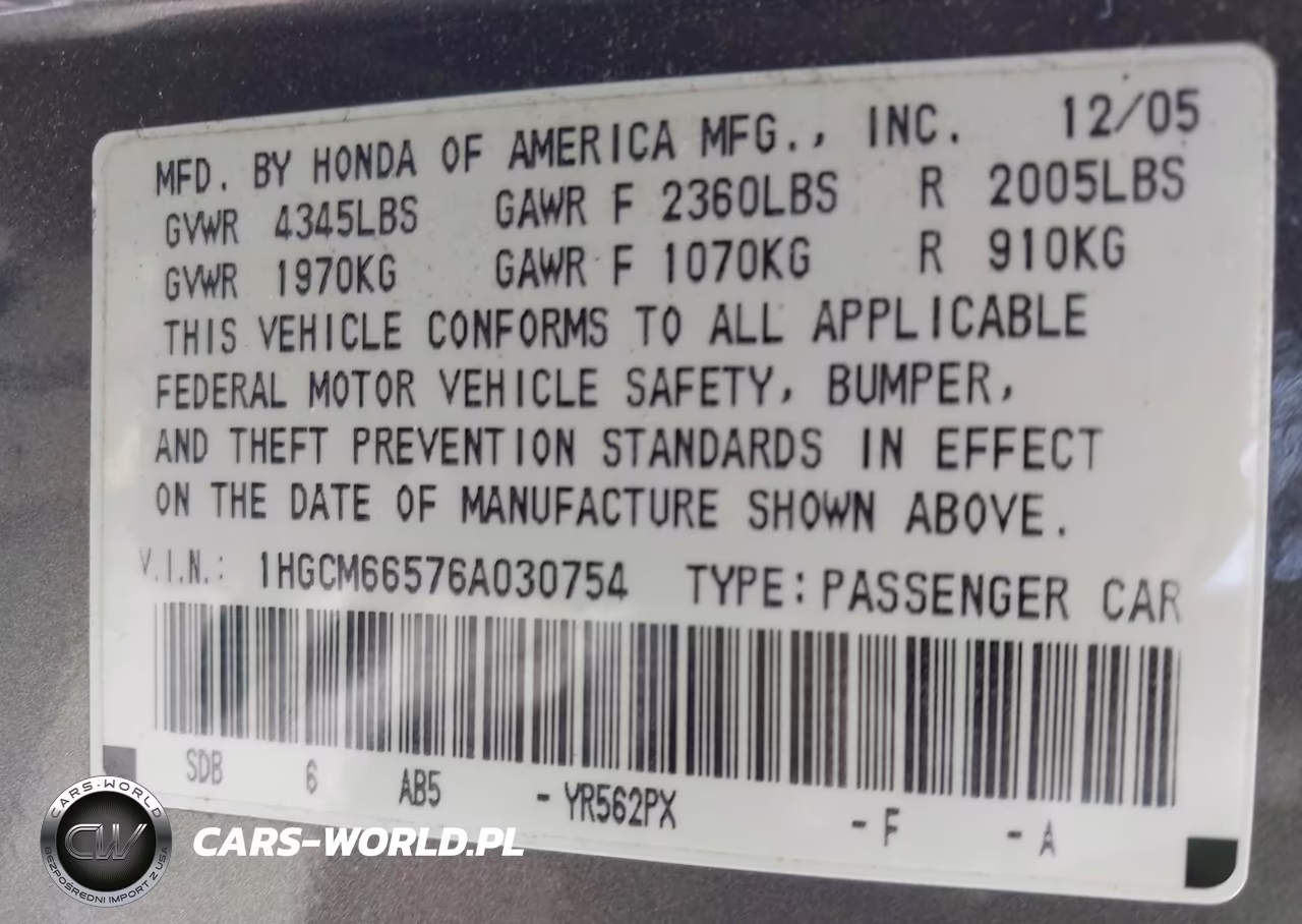 2006 Honda Accord 3.0 Ex VIN:1HGCM66576A030754 - 9