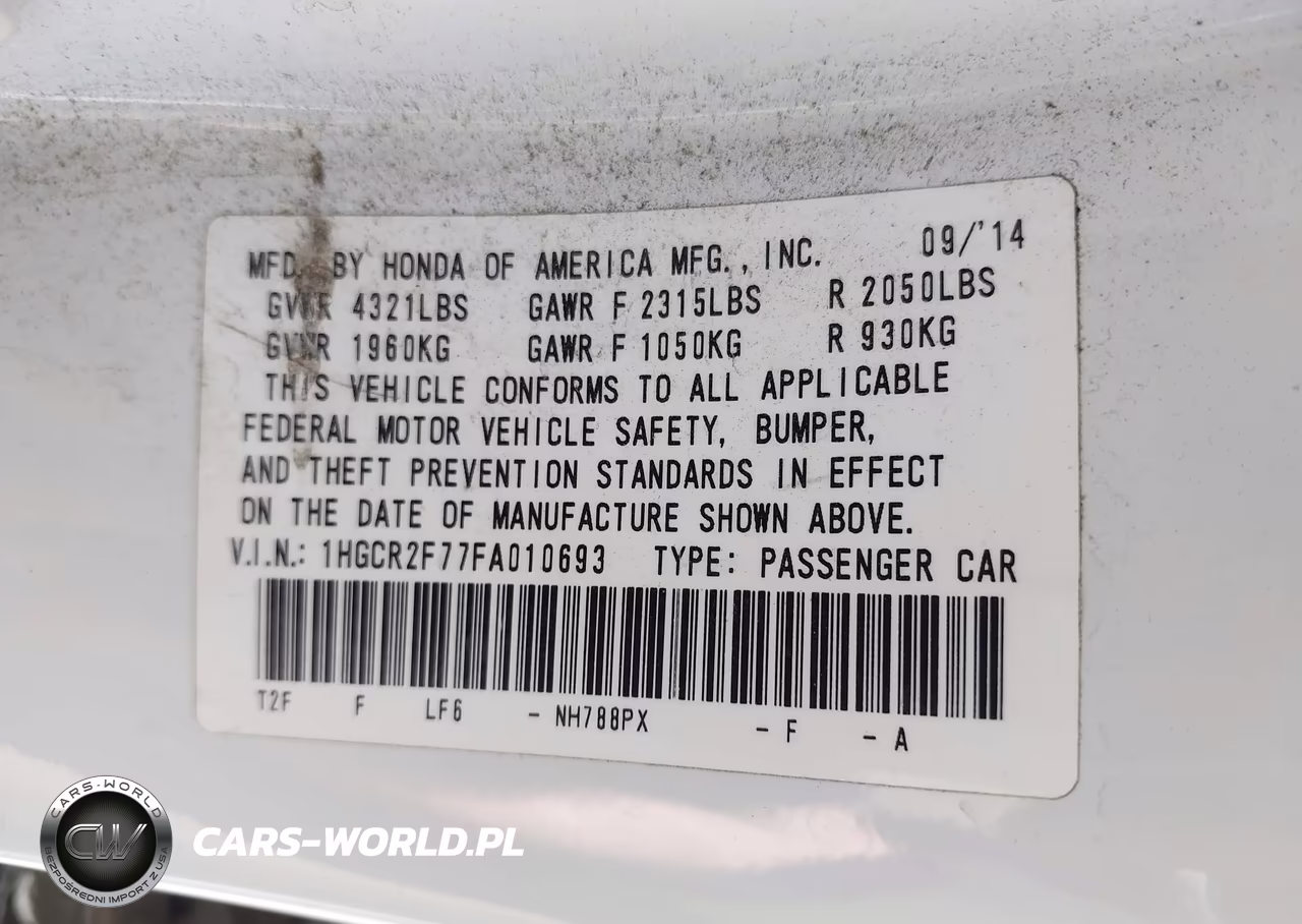2015 Honda Accord Ex VIN:1HGCR2F77FA010693 - 9