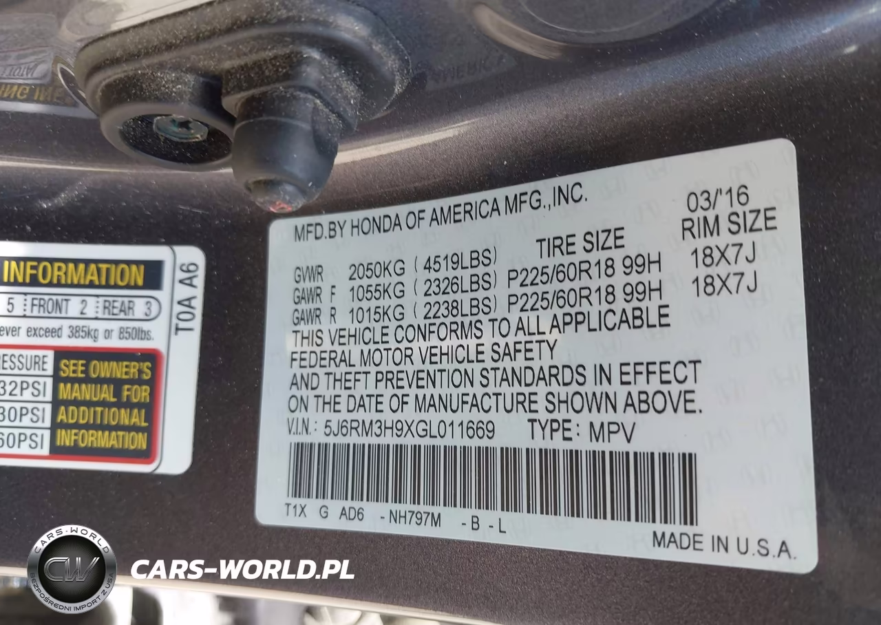 2016 Honda Cr-V Touring VIN:5J6RM3H9XGL011669 - 9