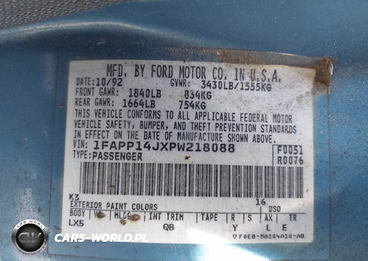 1993 Ford Escort Lx VIN:1FAPP14JXPW218088 - 9
