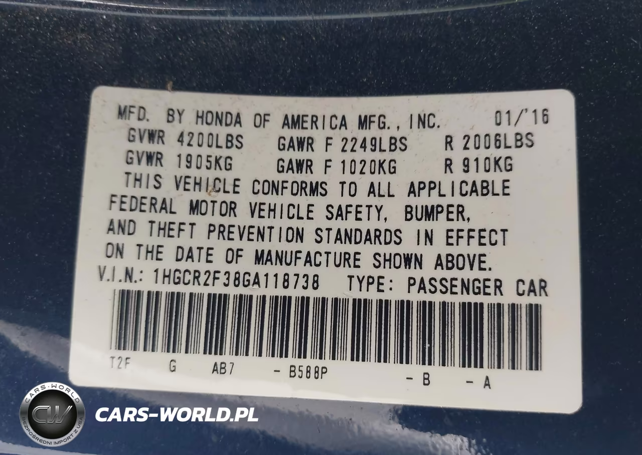 2016 Honda Accord Lx VIN:1HGCR2F38GA118738 - 9