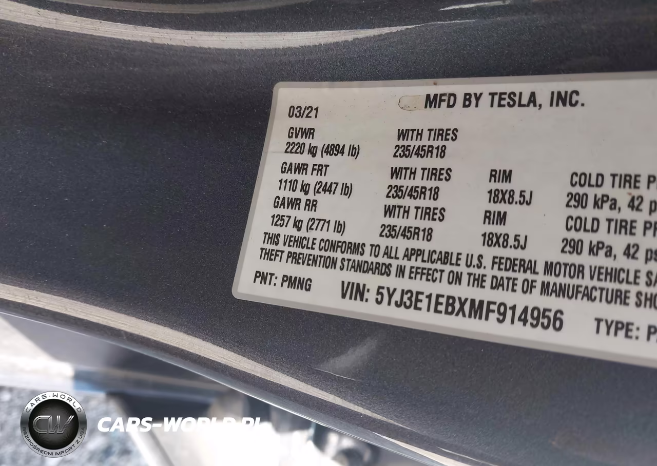 2021 Tesla Model 3 Long Range VIN:5YJ3E1EBXMF914956 - 9