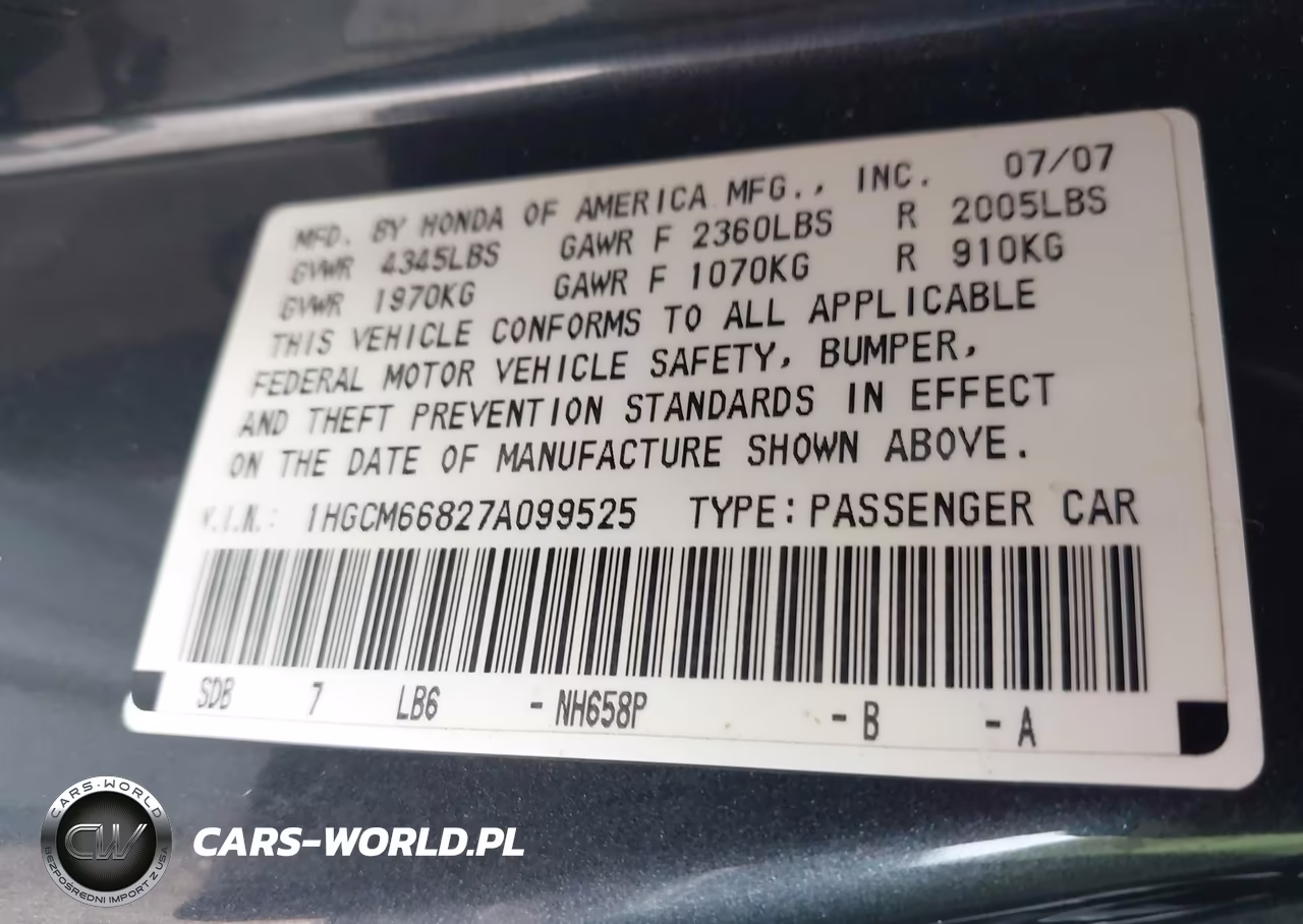 2007 Honda Accord 3.0 Ex VIN:1HGCM66827A099525 - 9
