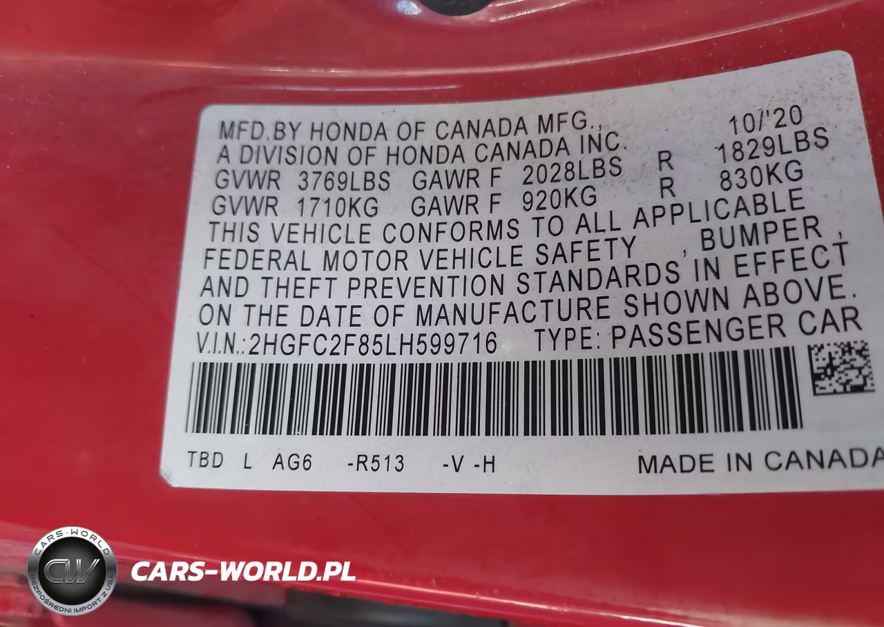 2020 Honda Civic Sport VIN:2HGFC2F85LH599716 - 9