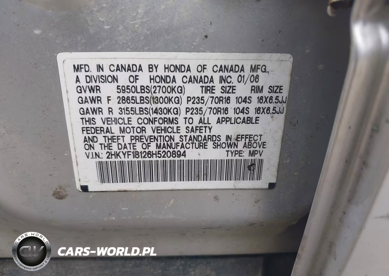2006 Honda Pilot Lx VIN:2HKYF18126H520894 - 9