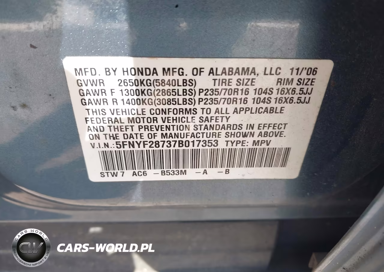 2007 Honda Pilot Ex-L VIN:5FNYF28737B017353 - 9