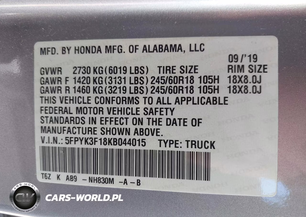 2019 Honda Ridgeline Sport VIN:5FPYK3F18KB044015 - 9
