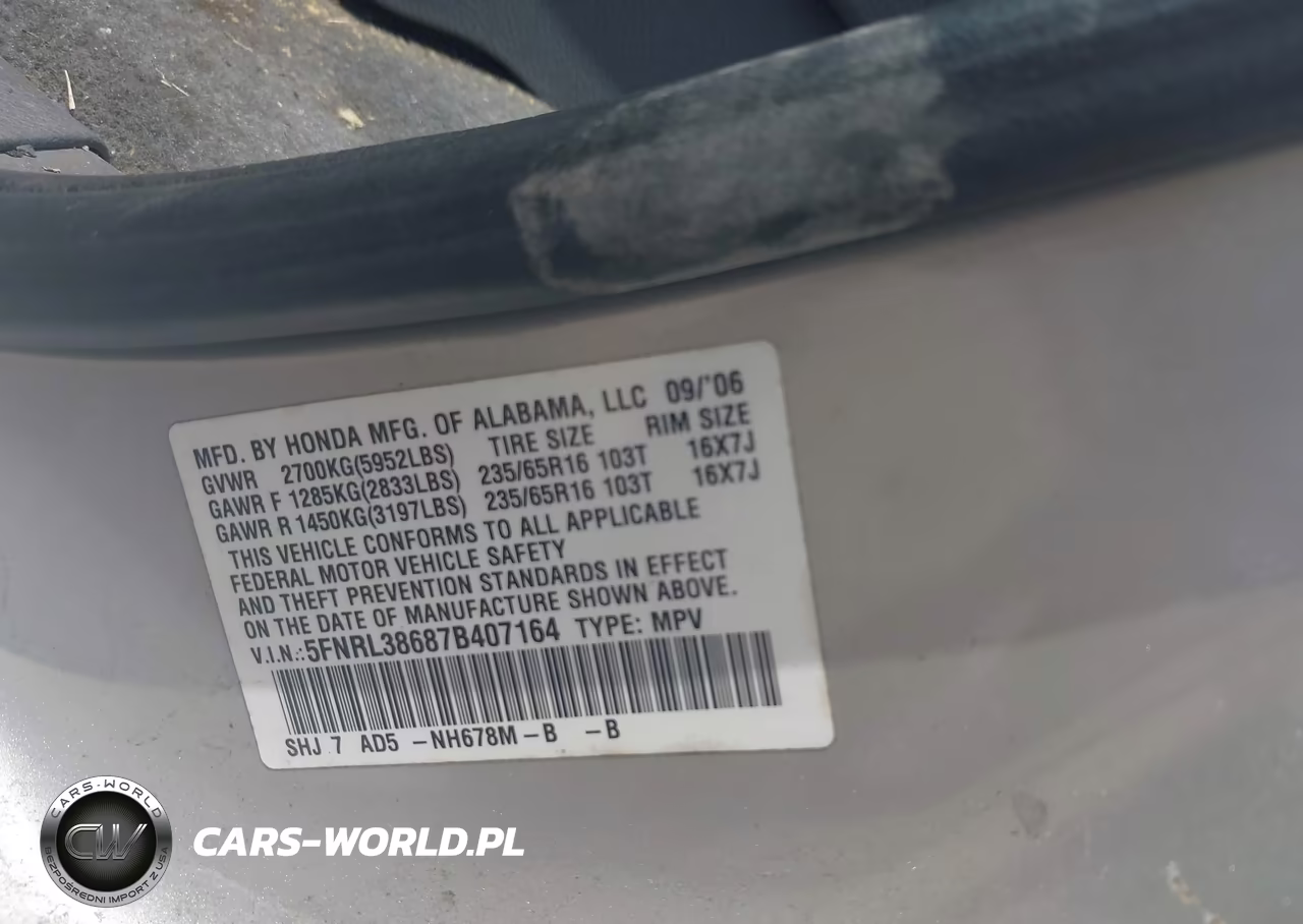 2007 Honda Odyssey Ex-L VIN:5FNRL38687B407164 - 9