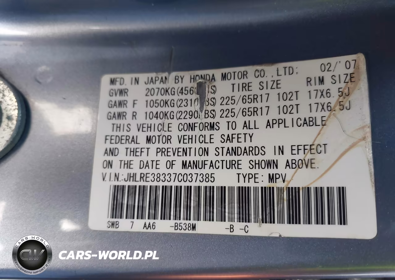 2007 Honda Cr-V Lx VIN:JHLRE38337C037385 - 9