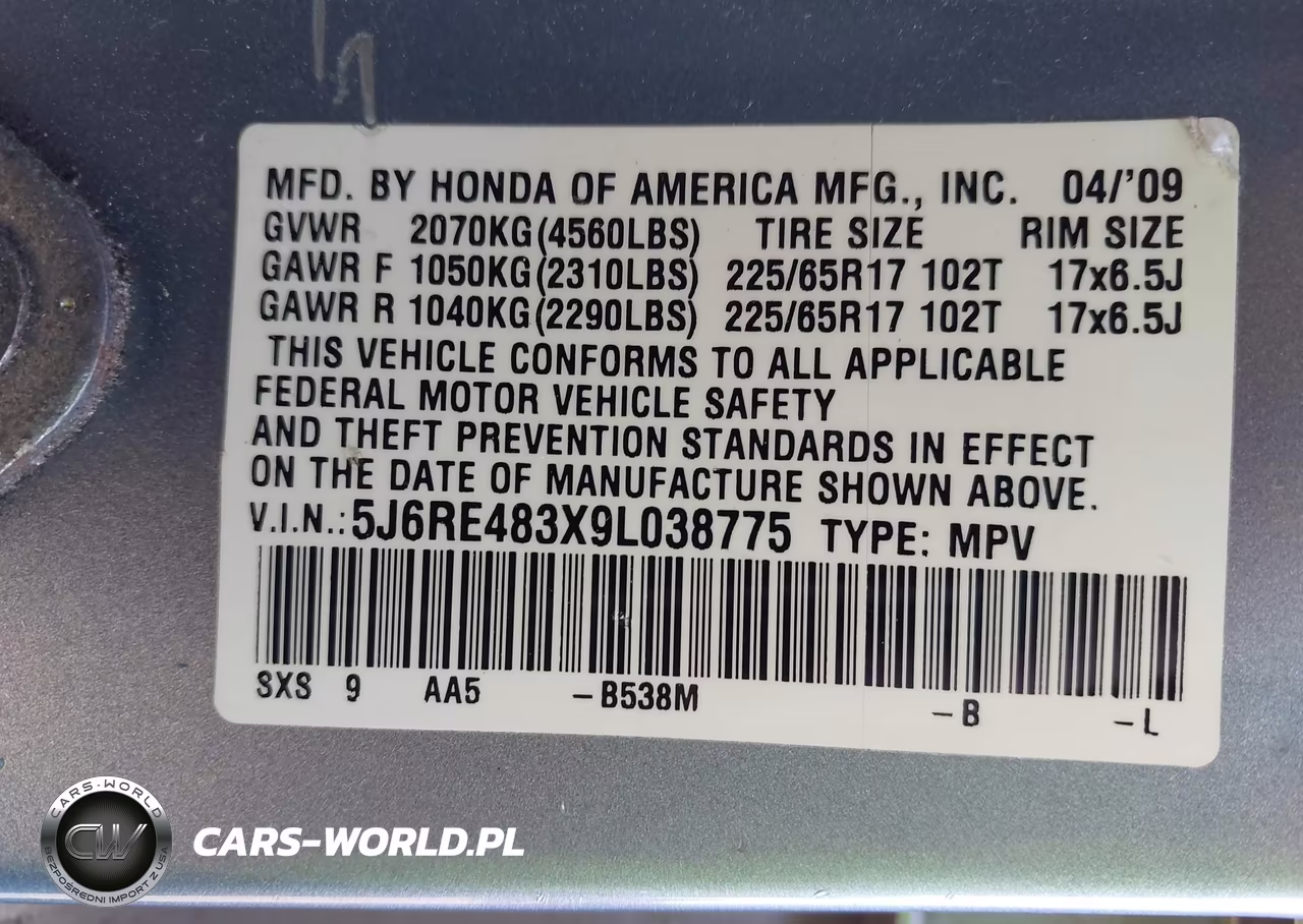 2009 Honda Cr-V Lx VIN:5J6RE483X9L038775 - 9