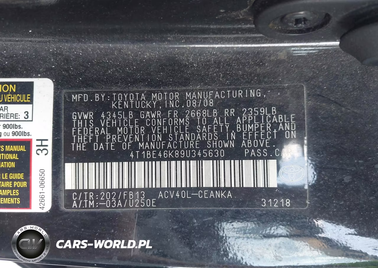 2009 Toyota Camry Le VIN:4T1BE46K89U345630 - 9