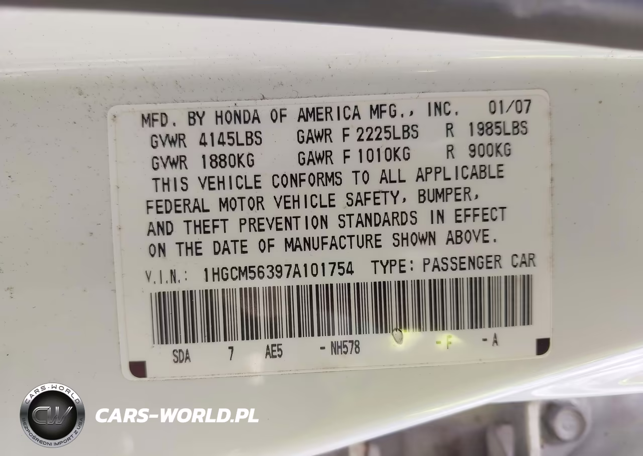 2007 Honda Accord 2.4 Se VIN:1HGCM56397A101754 - 9