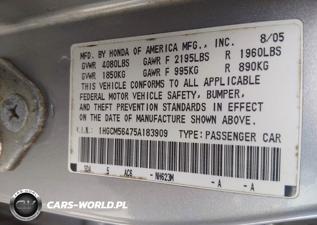 2005 Honda Accord 2.4 Lx VIN:1HGCM56475A183909 - 9