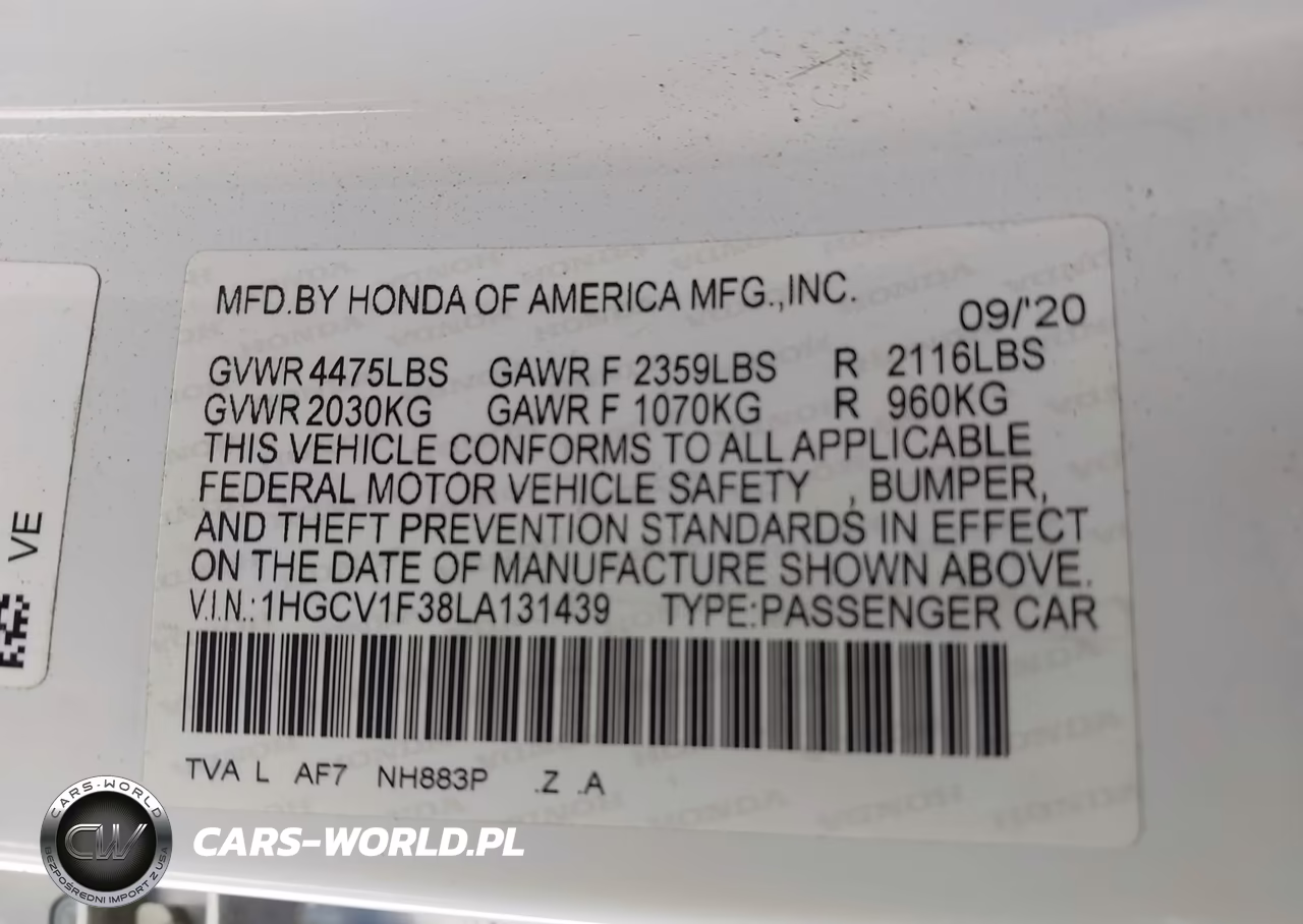 2020 Honda Accord Sport VIN:1HGCV1F38LA131439 - 9