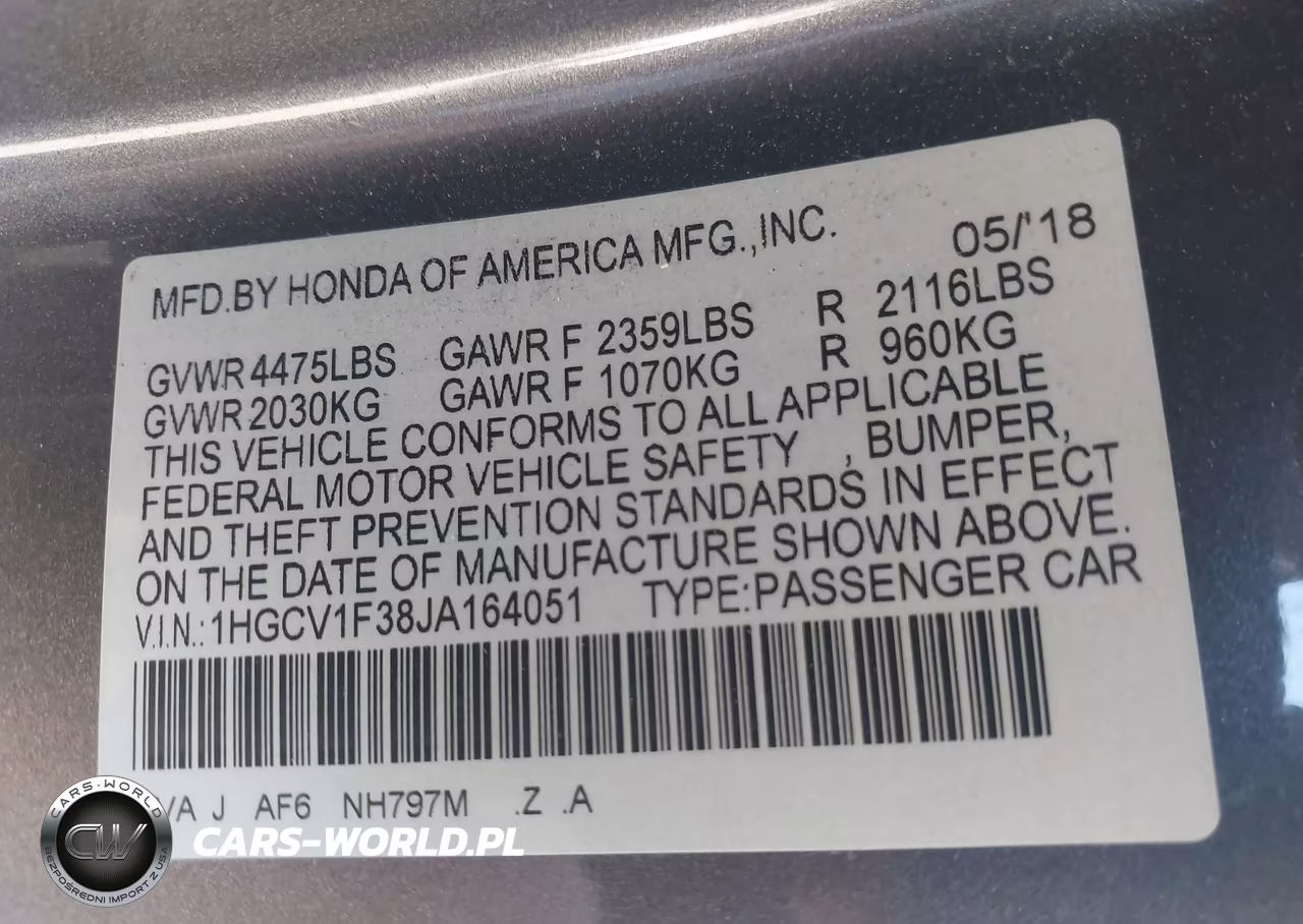 2018 Honda Accord Sport VIN:1HGCV1F38JA164051 - 9