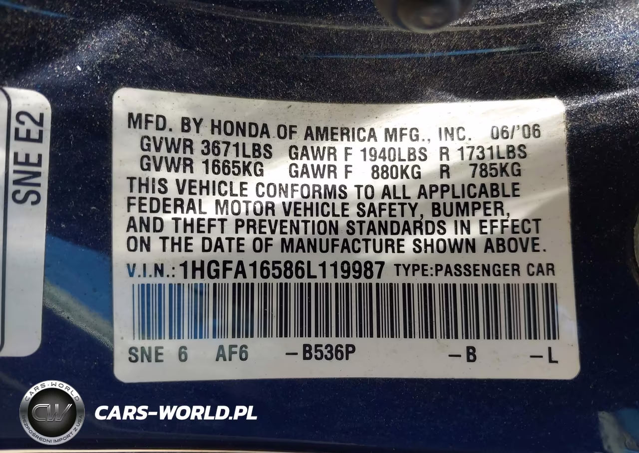 2006 Honda Civic Lx VIN:1HGFA16586L119987 - 9