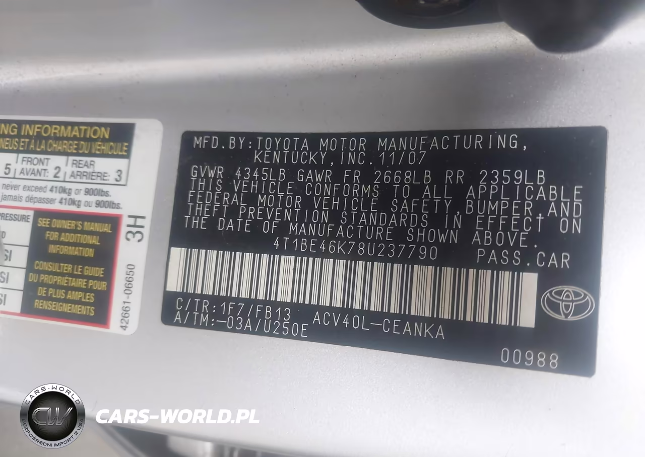 2008 Toyota Camry Le VIN:4T1BE46K78U237790 - 9