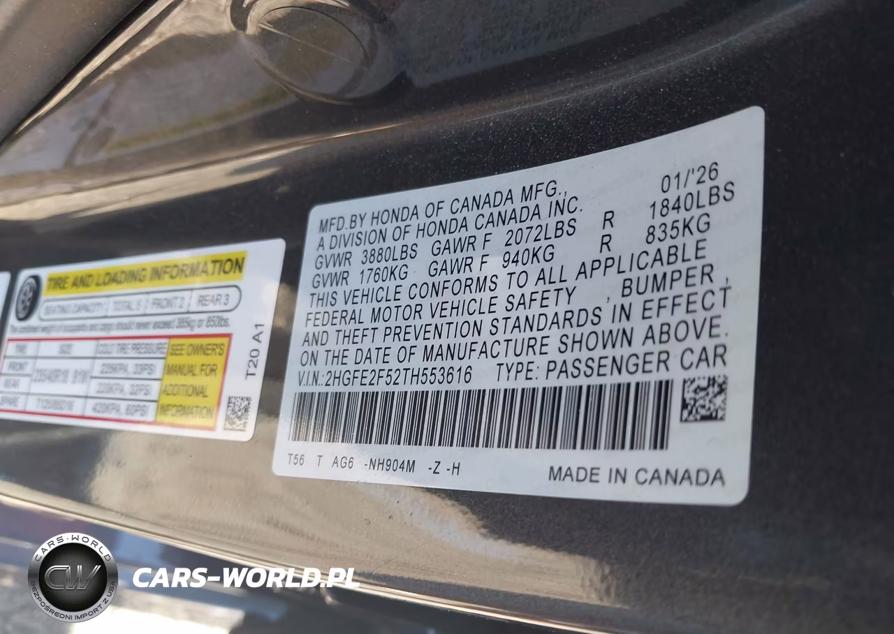 2026 Honda Civic Sport VIN:2HGFE2F52TH553616 - 9