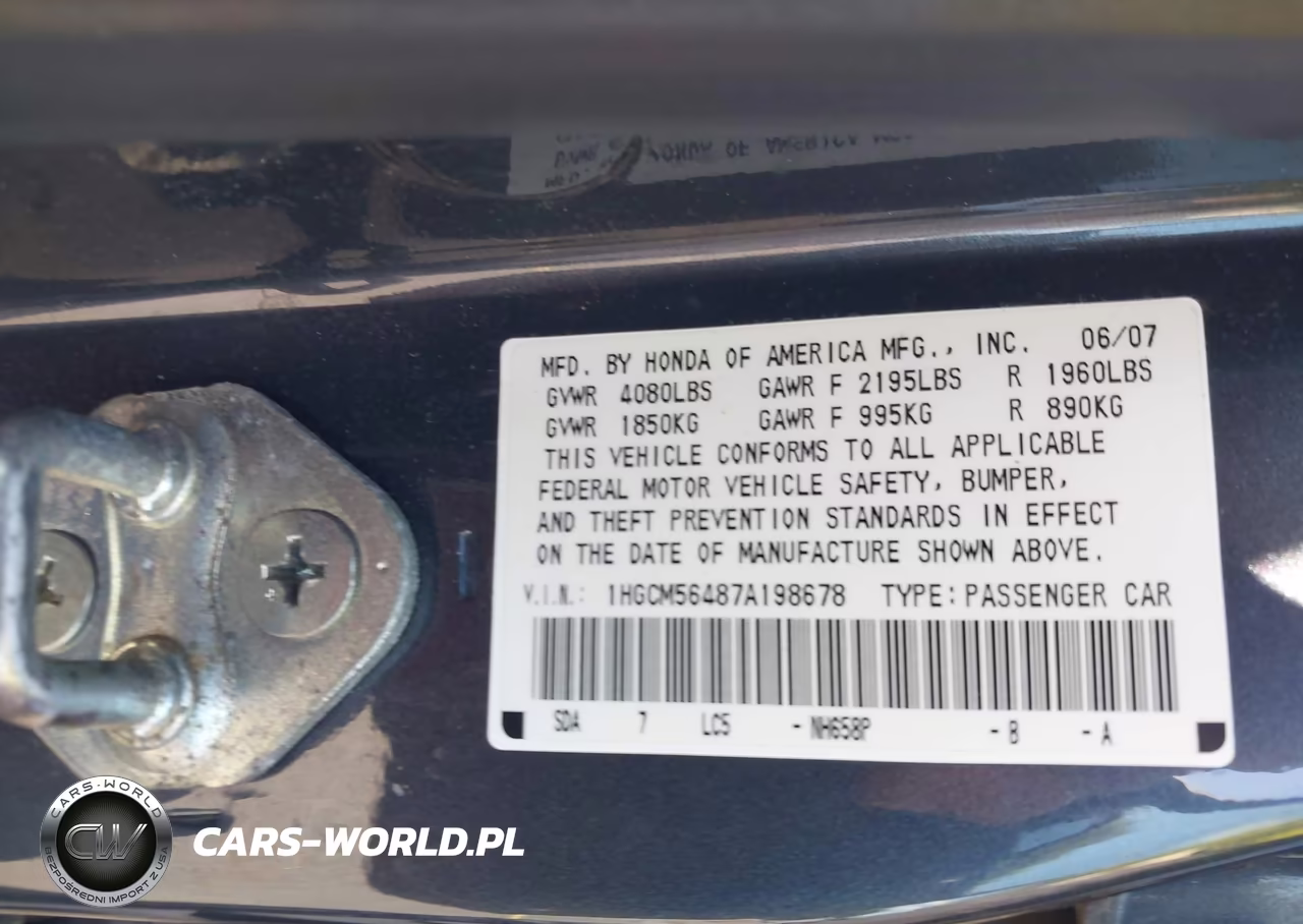 2007 Honda Accord 2.4 Lx VIN:1HGCM56487A198678 - 9