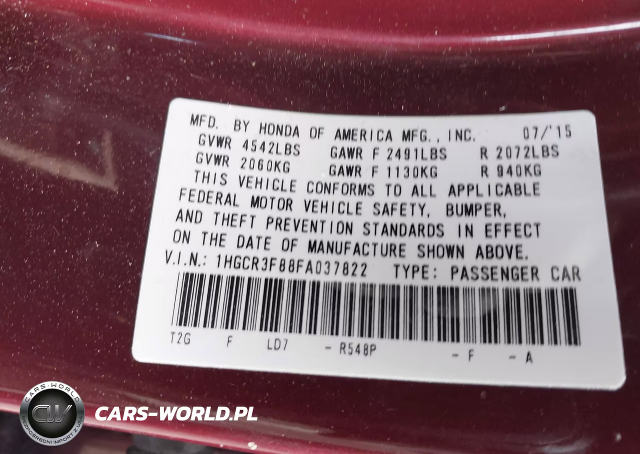 2015 Honda Accord Ex-L V-6 VIN:1HGCR3F88FA037822 - 9