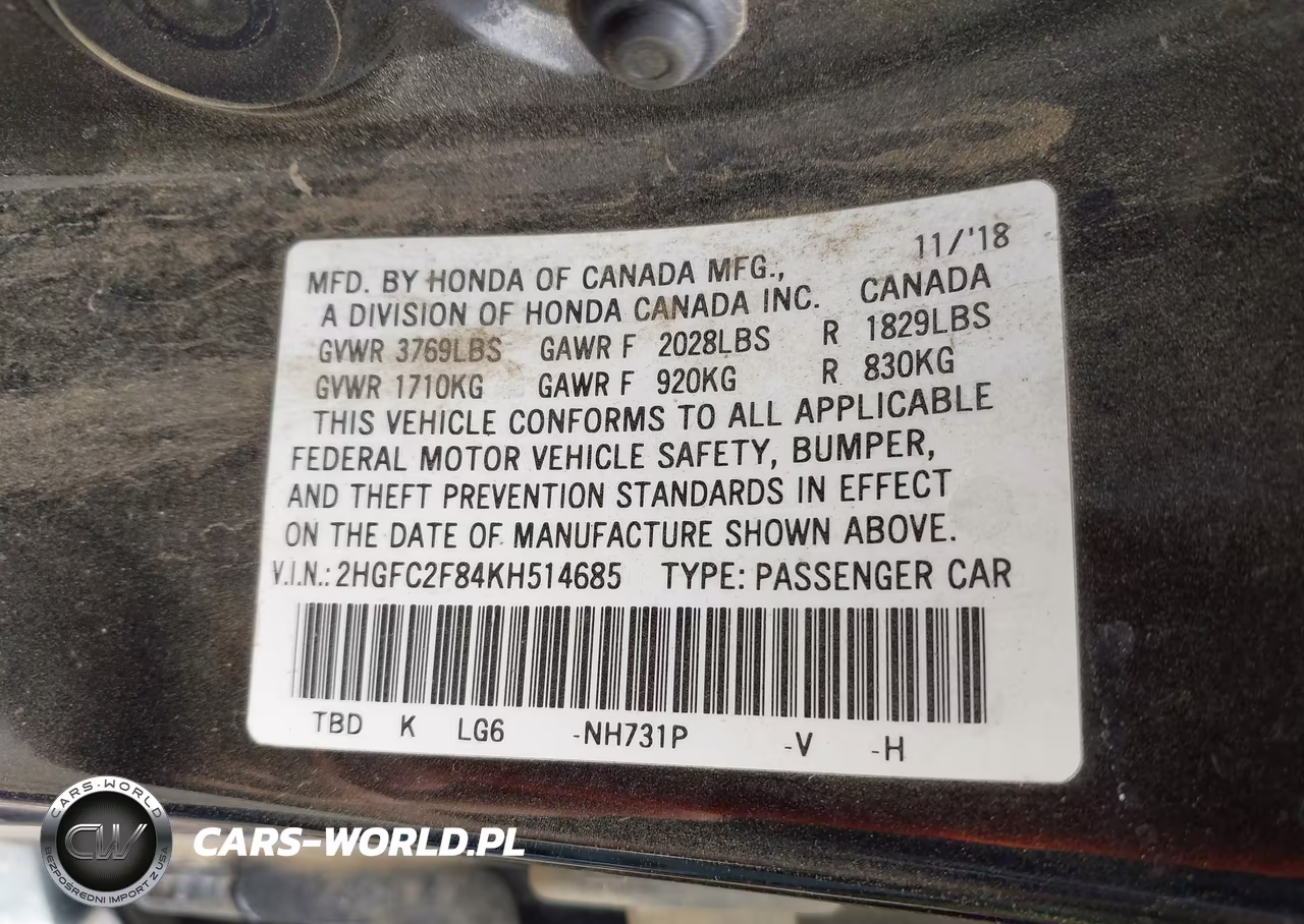 2019 Honda Civic Sport VIN:2HGFC2F84KH514685 - 9