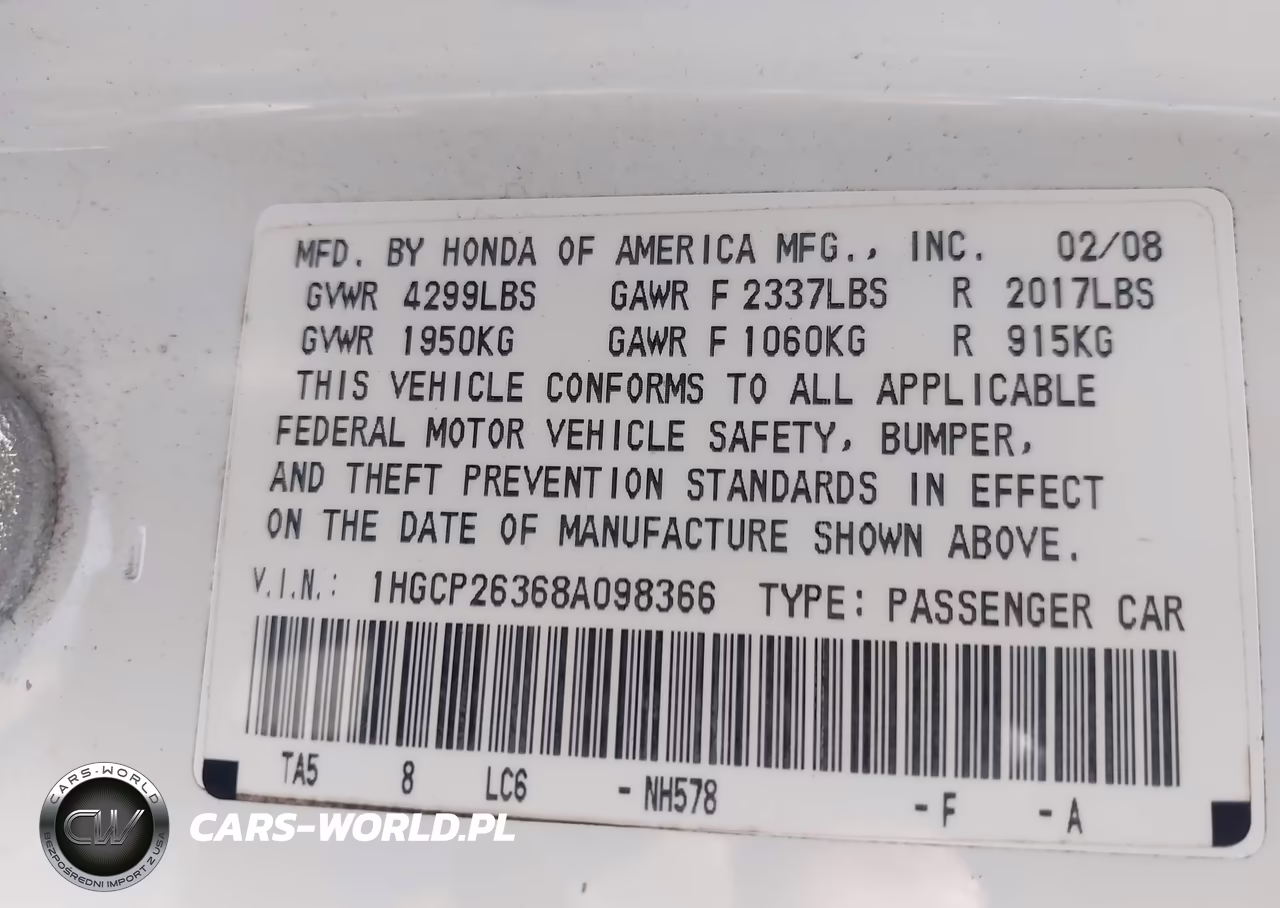 2008 Honda Accord 2.4 Lx VIN:1HGCP26368A098366 - 9