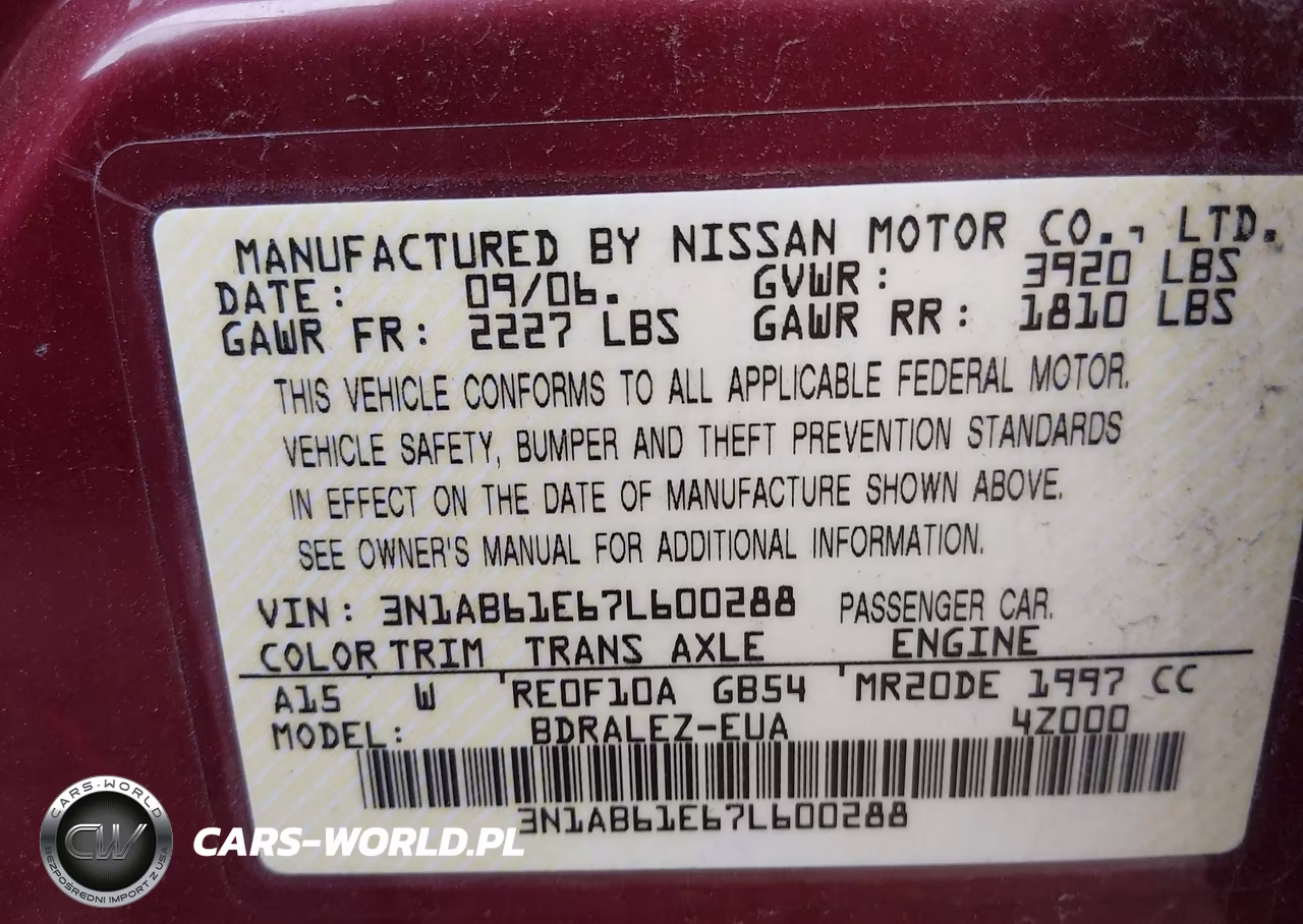 2007 Nissan Sentra 2.0S VIN:3N1AB61E67L600288 - 9