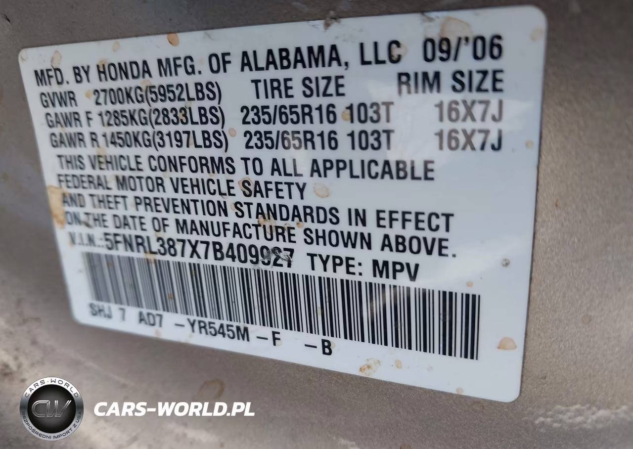 2007 Honda Odyssey Ex-L VIN:5FNRL387X7B409927 - 9