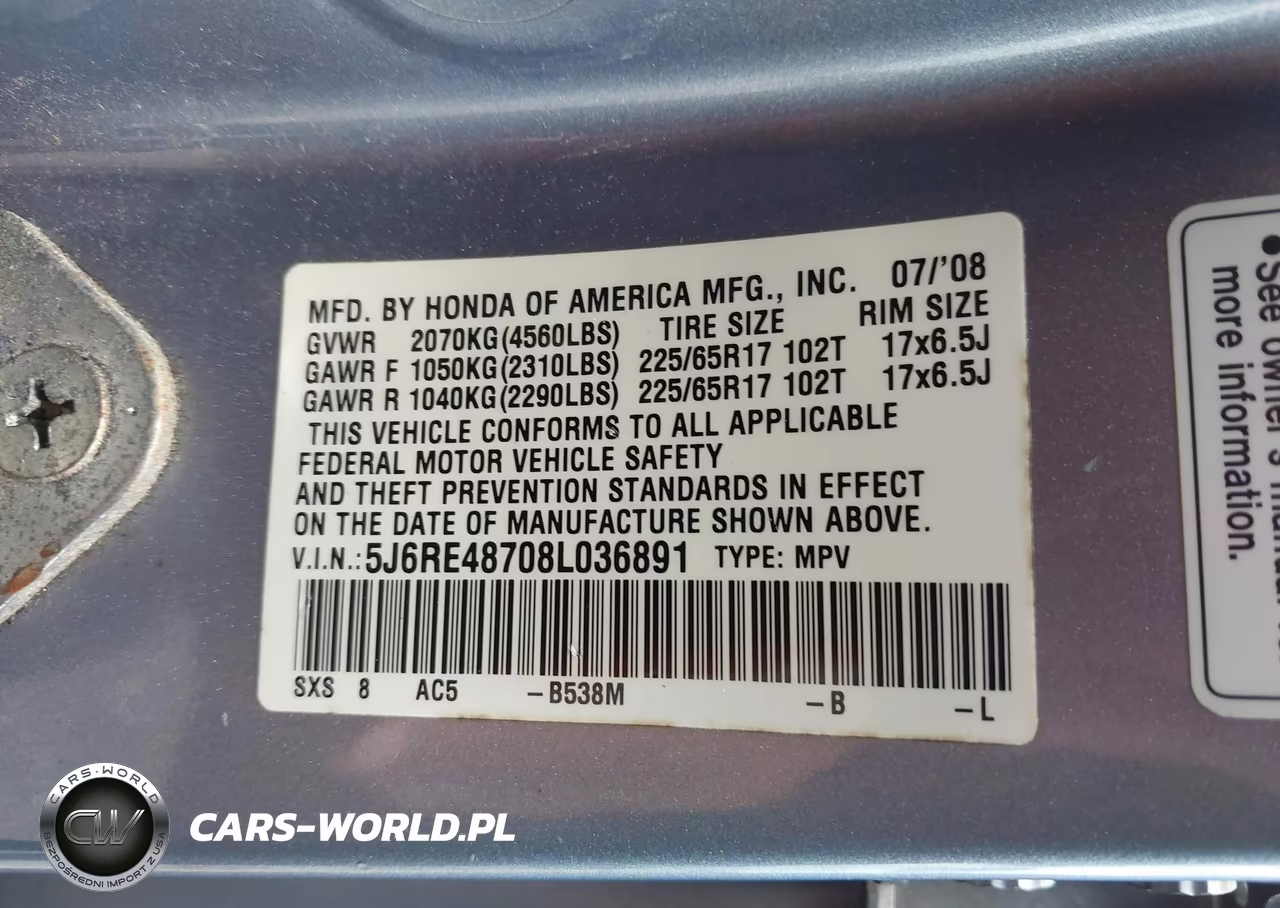 2008 Honda Cr-V Ex-L VIN:5J6RE48708L036891 - 9