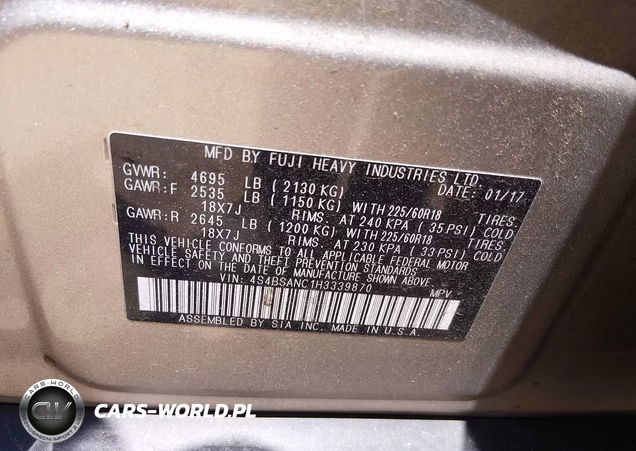 2017 Subaru Outback 2.5I Limited VIN:4S4BSANC1H3339870 - 9