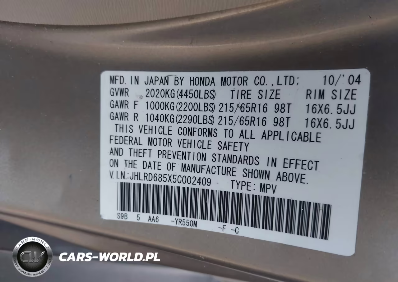 2005 Honda Cr-V Lx VIN:JHLRD685X5C002409 - 9