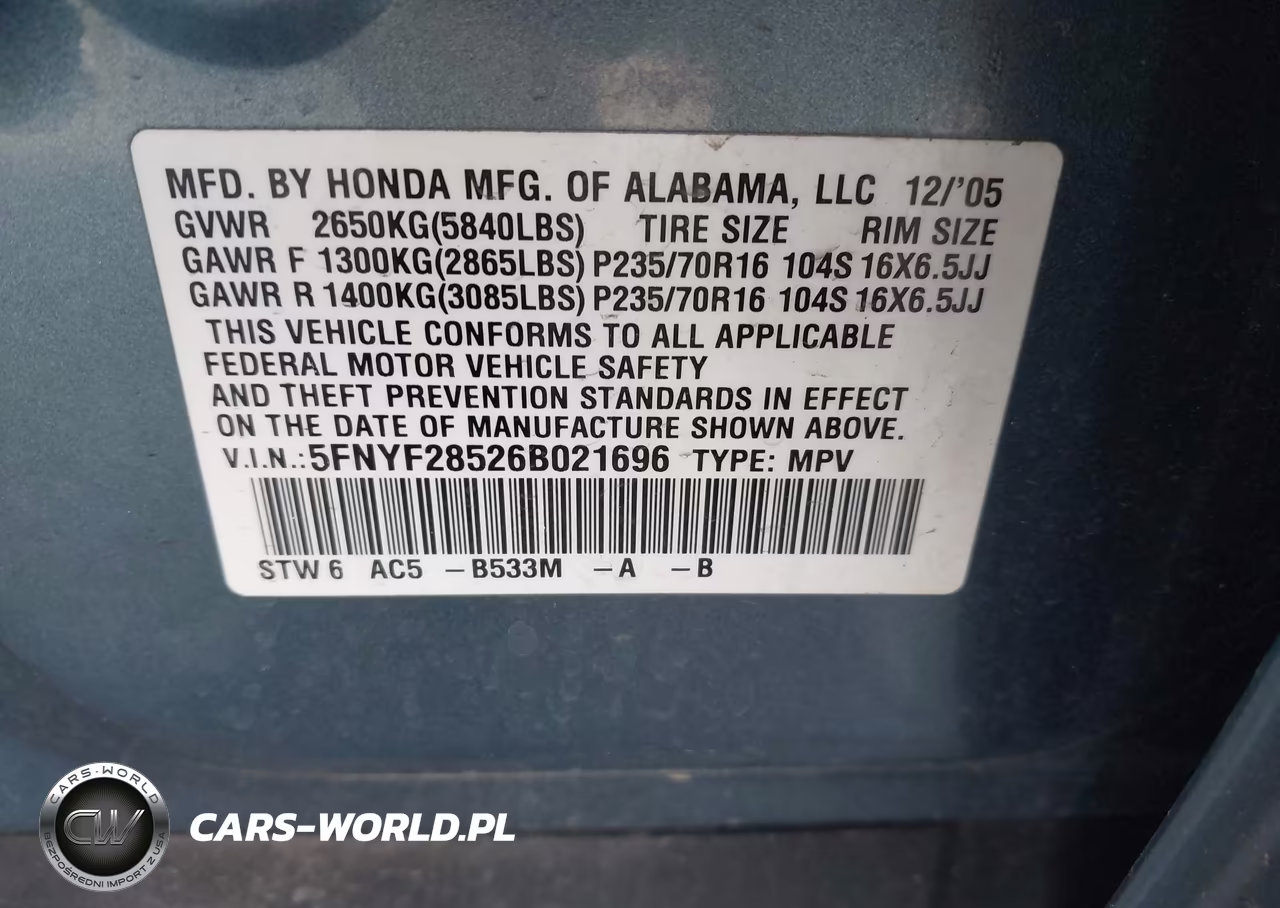 2006 Honda Pilot Ex-L VIN:5FNYF28526B021696 - 9