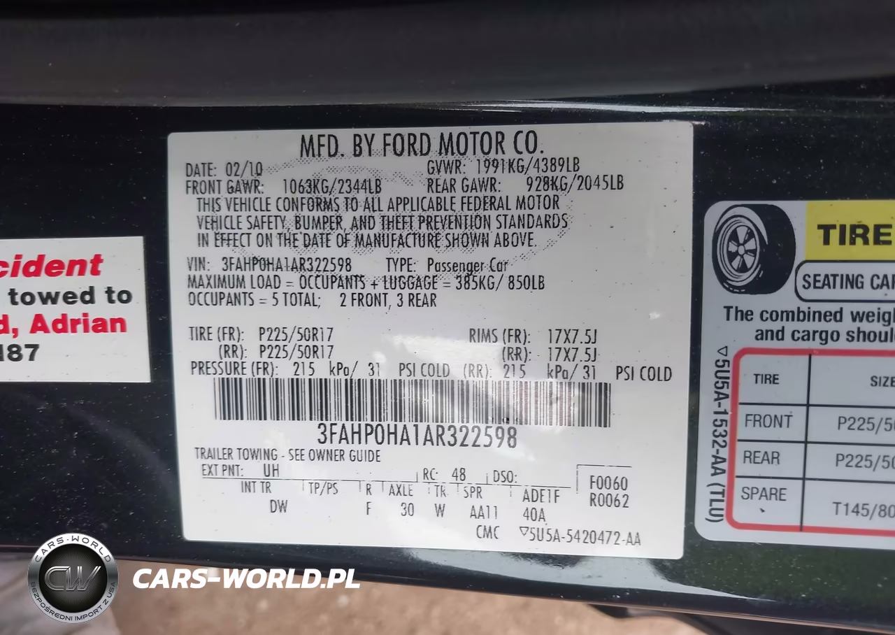 2010 Ford Fusion Se VIN:3FAHP0HA1AR322598 - 9