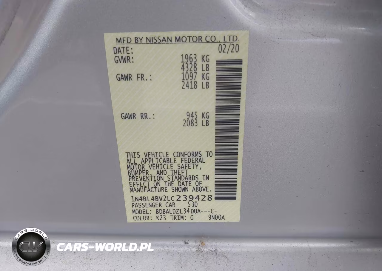 2020 Nissan Altima S Fwd VIN:1N4BL4BV2LC239428 - 9