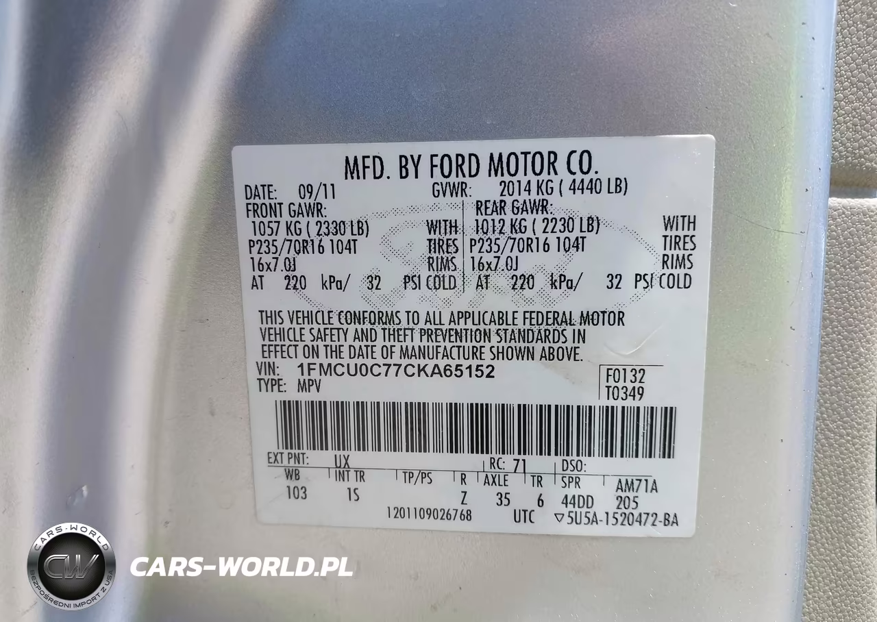 2012 Ford Escape Xls VIN:1FMCU0C77CKA65152 - 9
