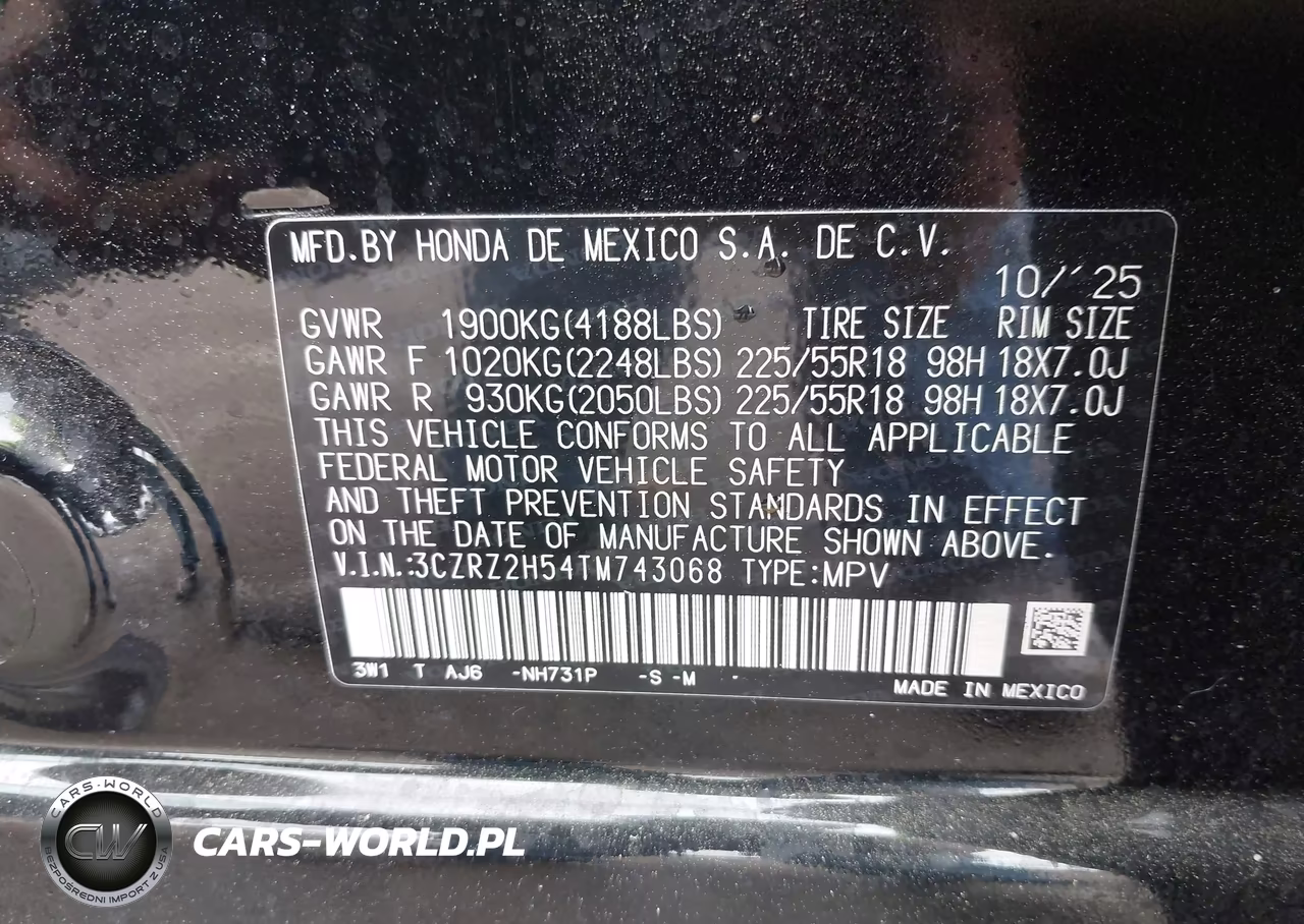 2026 Honda Hr-V Awd Sport VIN:3CZRZ2H54TM743068 - 9