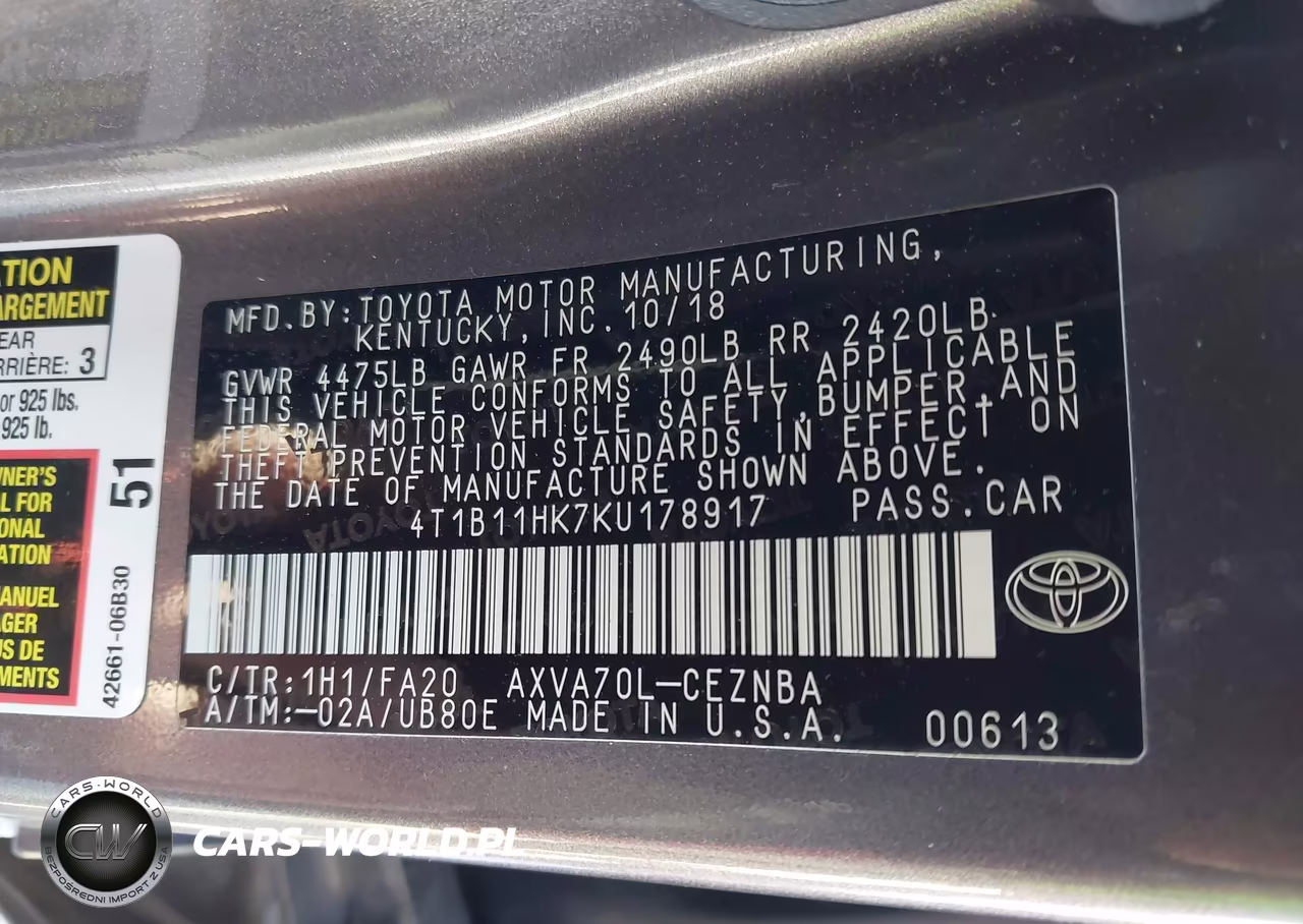 2019 Toyota Camry Le VIN:4T1B11HK7KU178917 - 9