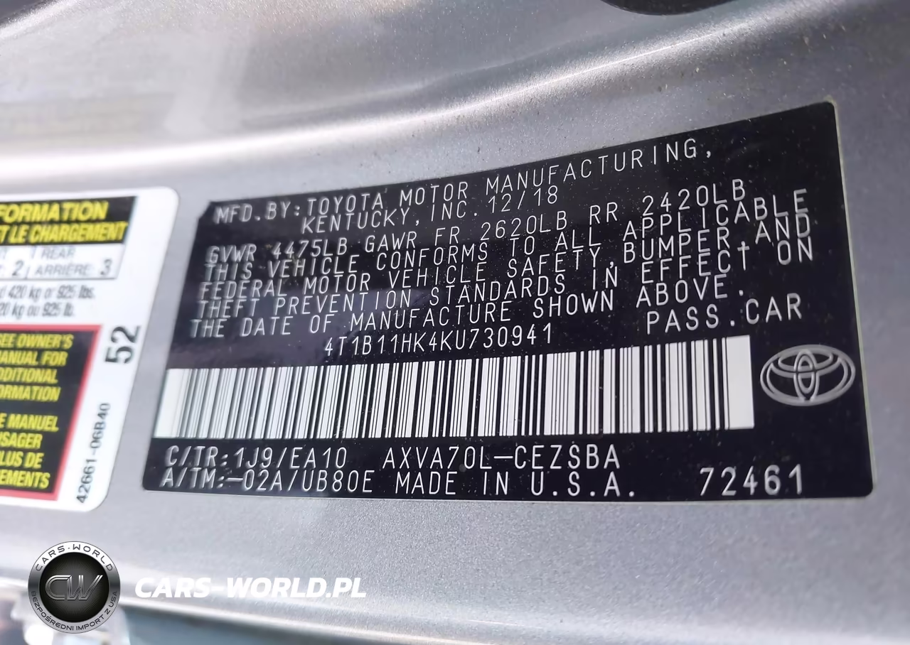 2019 Toyota Camry Se VIN:4T1B11HK4KU730941 - 9
