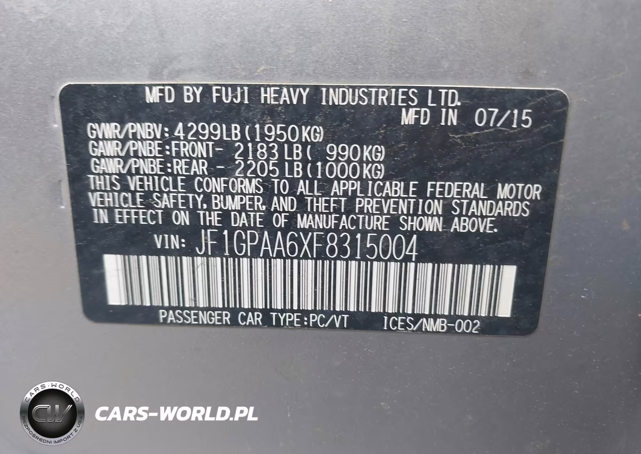 2015 Subaru Impreza 2.0I VIN:JF1GPAA6XF8315004 - 9