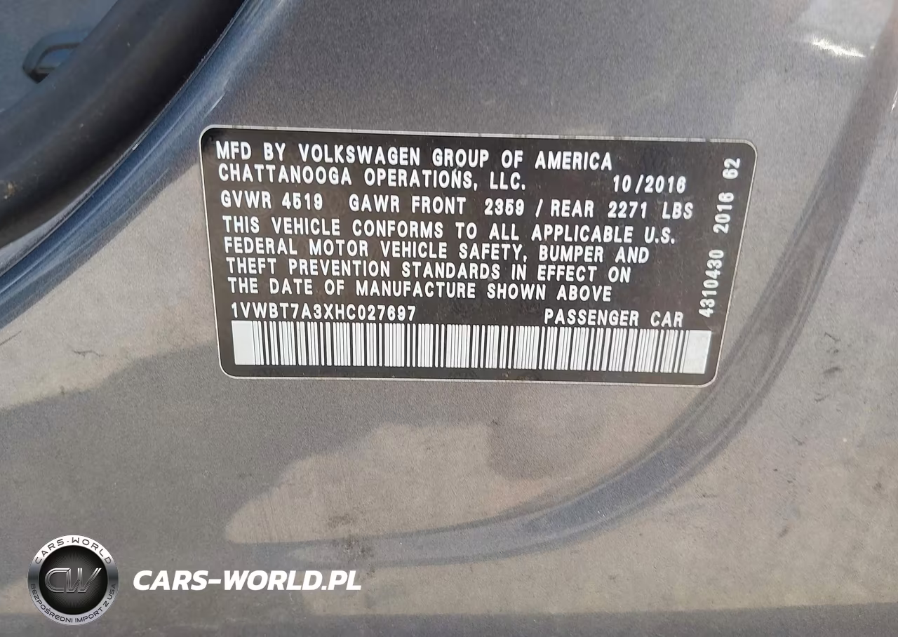 2017 Volkswagen Passat 1.8T Se VIN:1VWBT7A3XHC027697 - 9