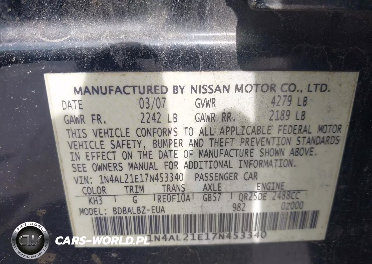 2007 Nissan Altima 2.5 S VIN:1N4AL21E17N453340 - 9