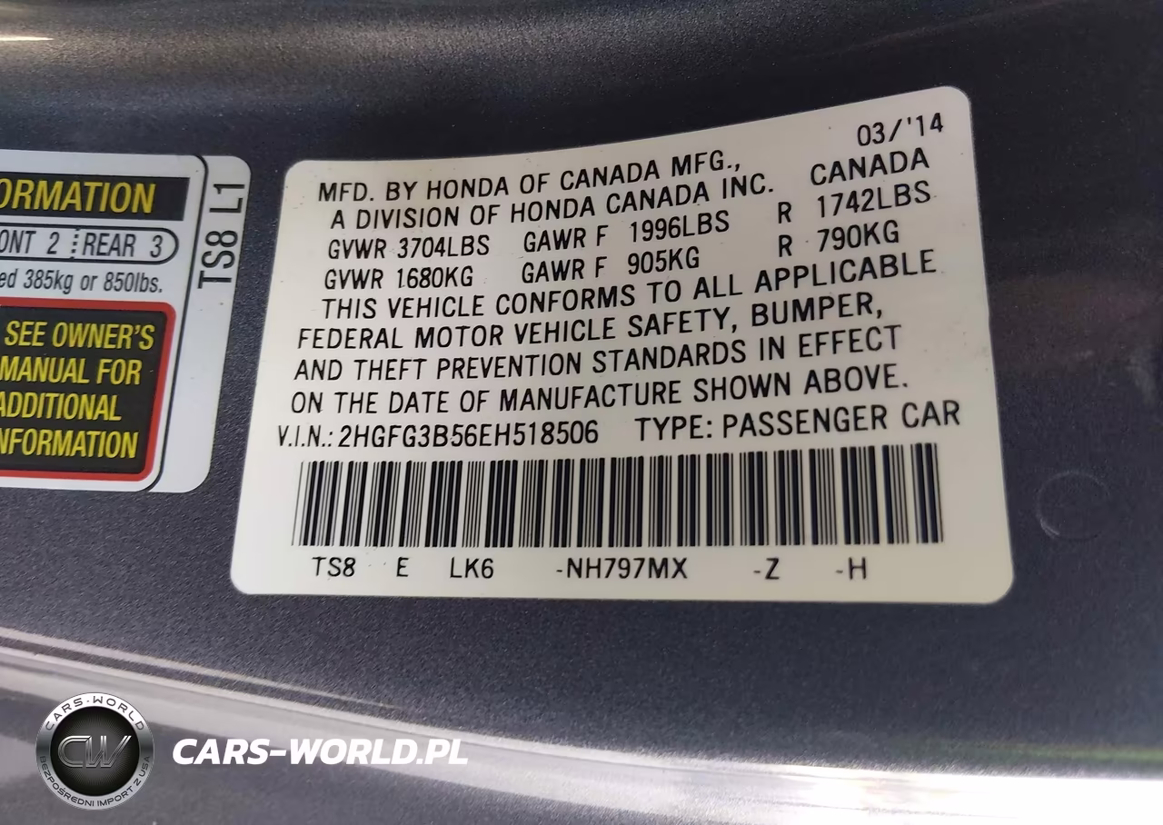 2014 Honda Civic Lx VIN:2HGFG3B56EH518506 - 9