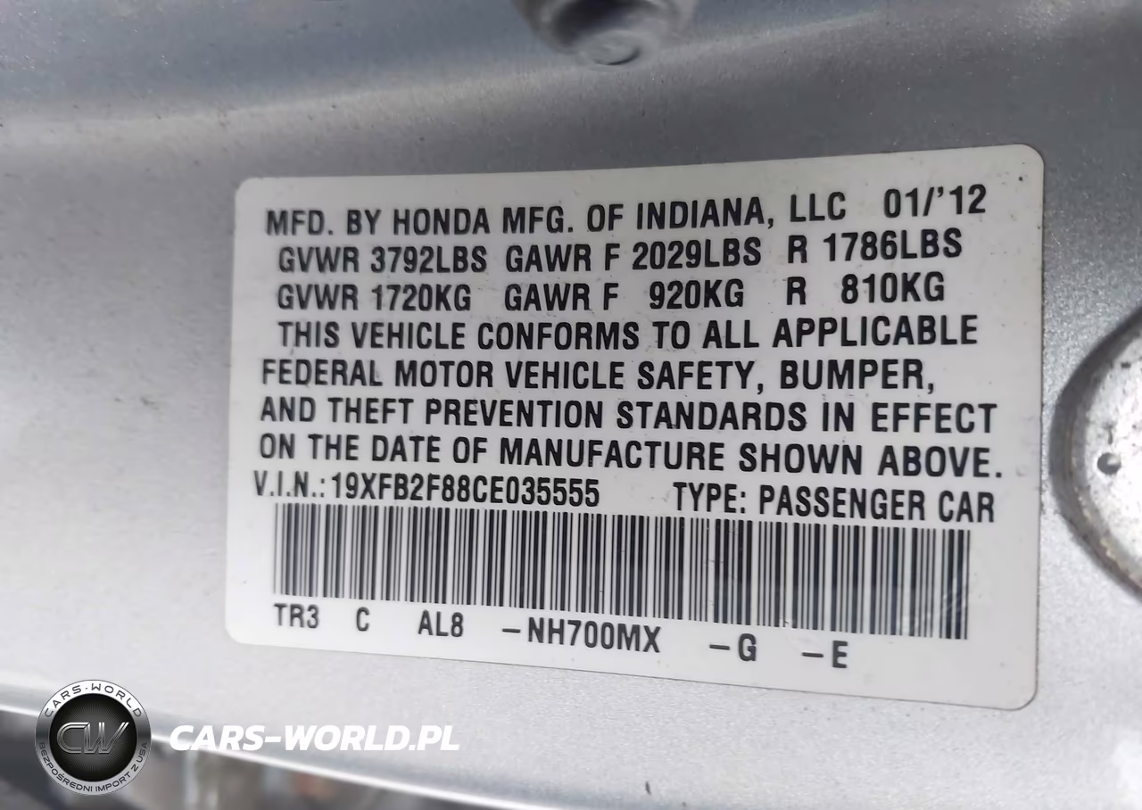 2012 Honda Civic Ex VIN:19XFB2F88CE035555 - 9