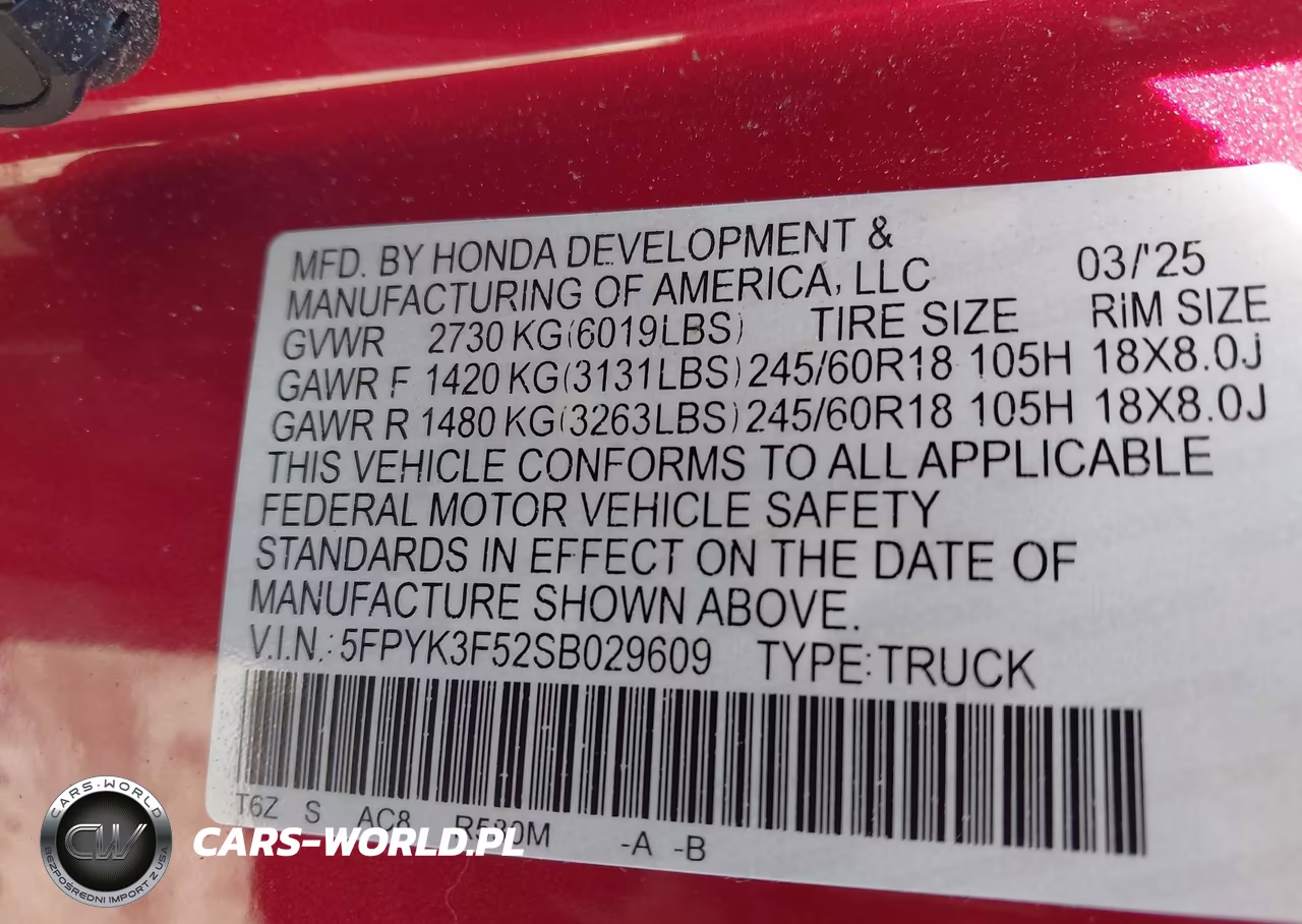 2025 Honda Ridgeline Rtl VIN:5FPYK3F52SB029609 - 9