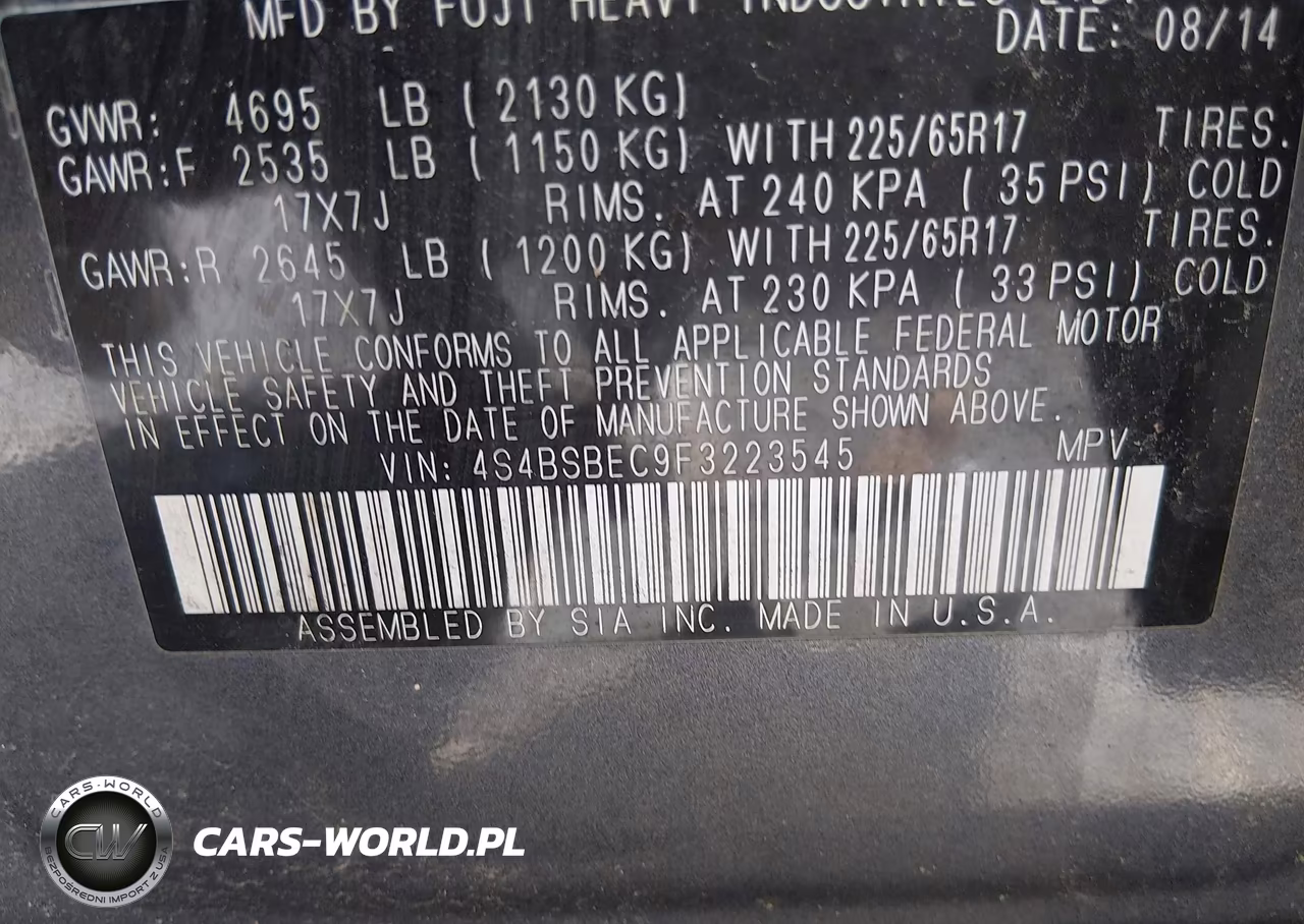 2015 Subaru Outback 2.5I Premium VIN:4S4BSBEC9F3223545 - 9