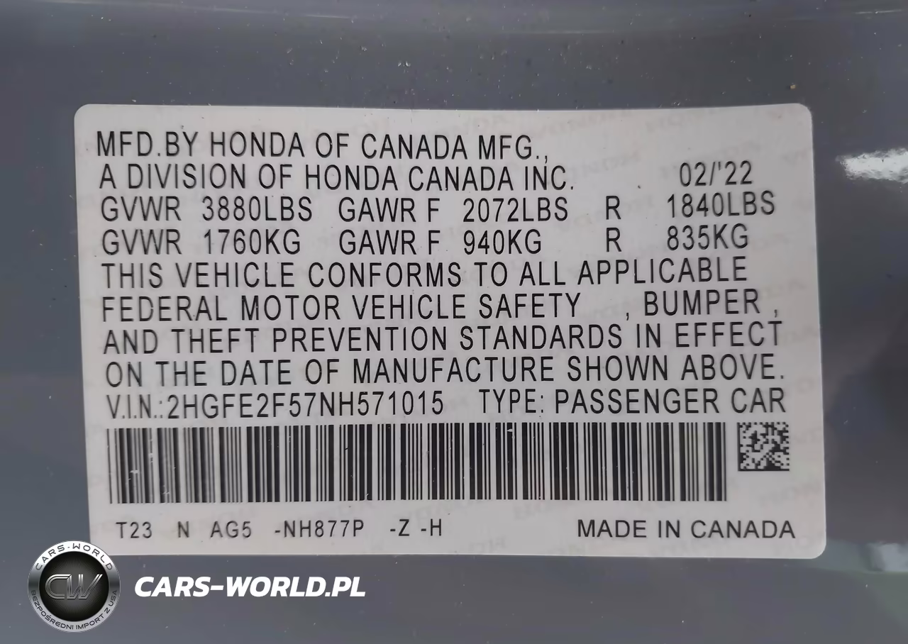 2022 Honda Civic Sport VIN:2HGFE2F57NH571015 - 9